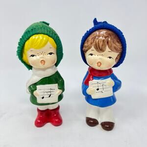 Vintage 60s Napco Christmas Carolers Boy Girl Knitted Caps Figurines Decor